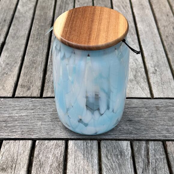 Murano Light Pastel Blue Confetti Glass Jar with Acacia Lid BPA Free Storage New - Picture 6 of 12